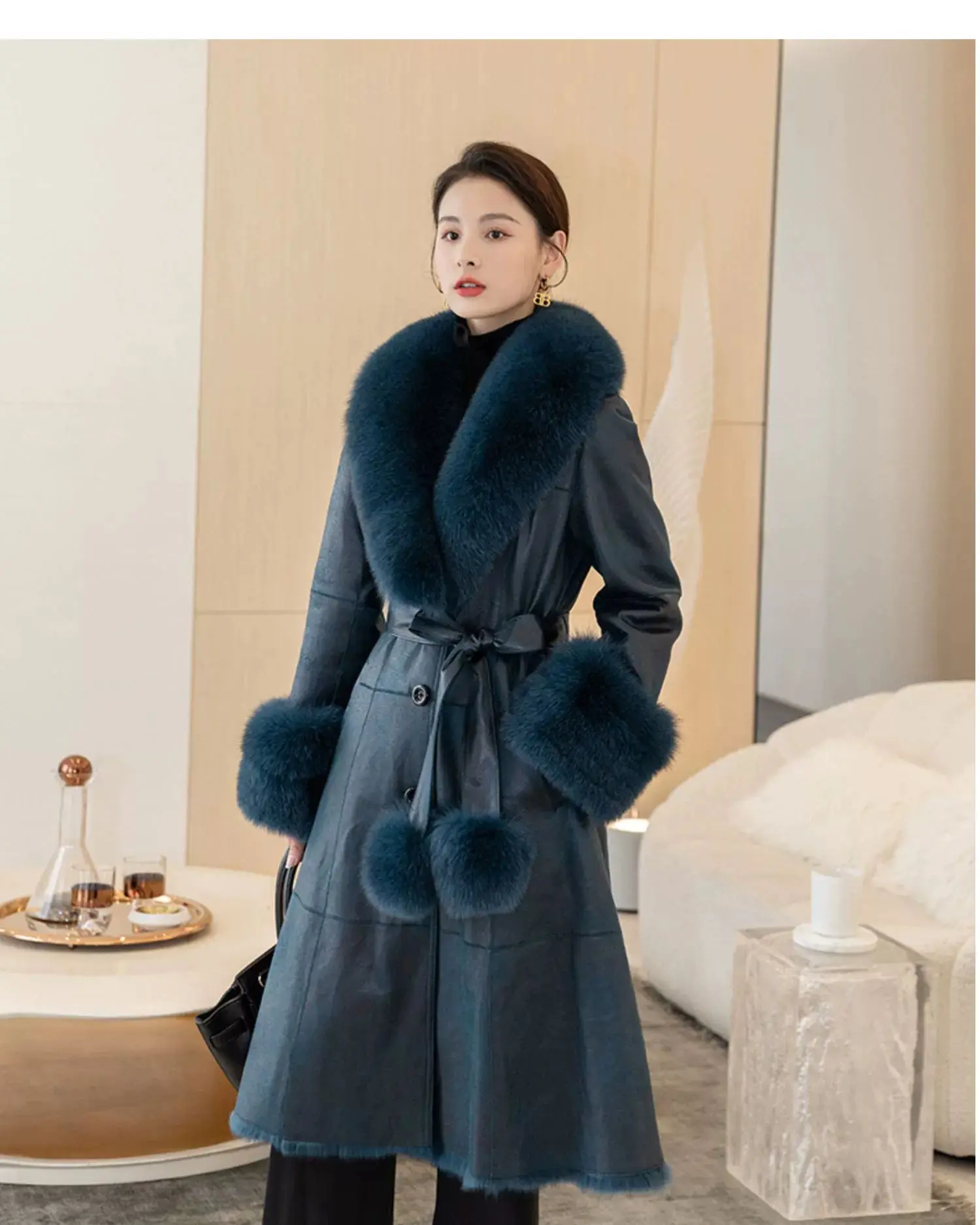 2023 New Rabbit Fur One Piece Coat for Women Mid length Fox Fur Collar Lace up Slim Fit Haining Fur Coat for Women