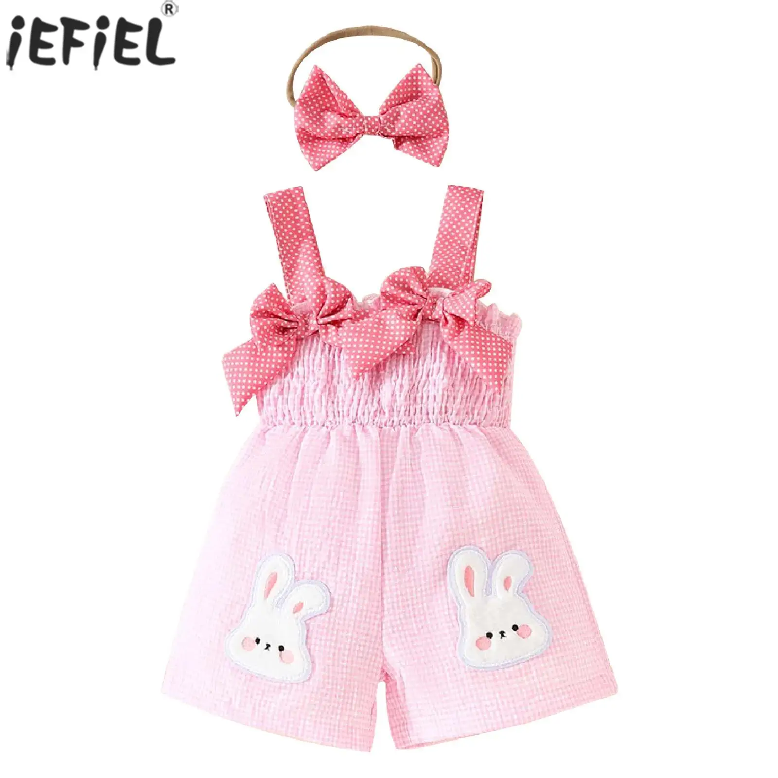 

Baby Girls Sweet Cute Suspender Shorts Sleeveless Plaid Bow Printed Romper Overalls Infant Clothes for Holiday Party Photography
