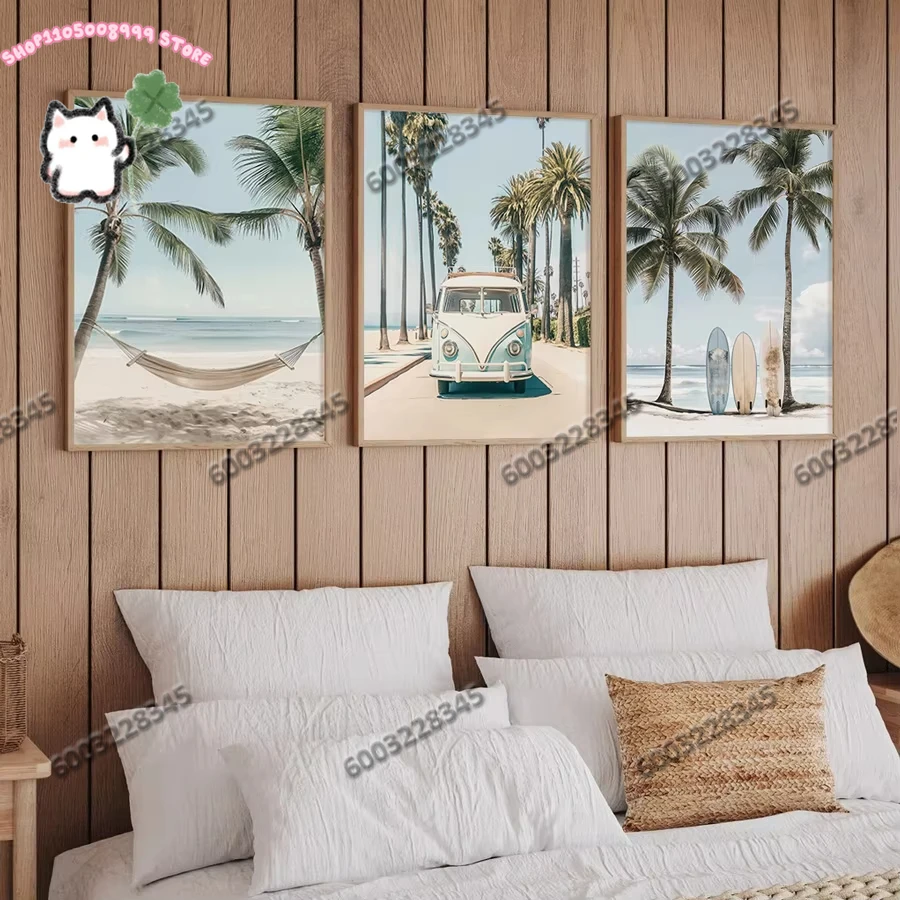 3Pcs Frameless Tropical Surfboard Travel Wall Art,Blue Wall Decoration, Living Room, Bedroom,Bar, Cafe,Room Decoration