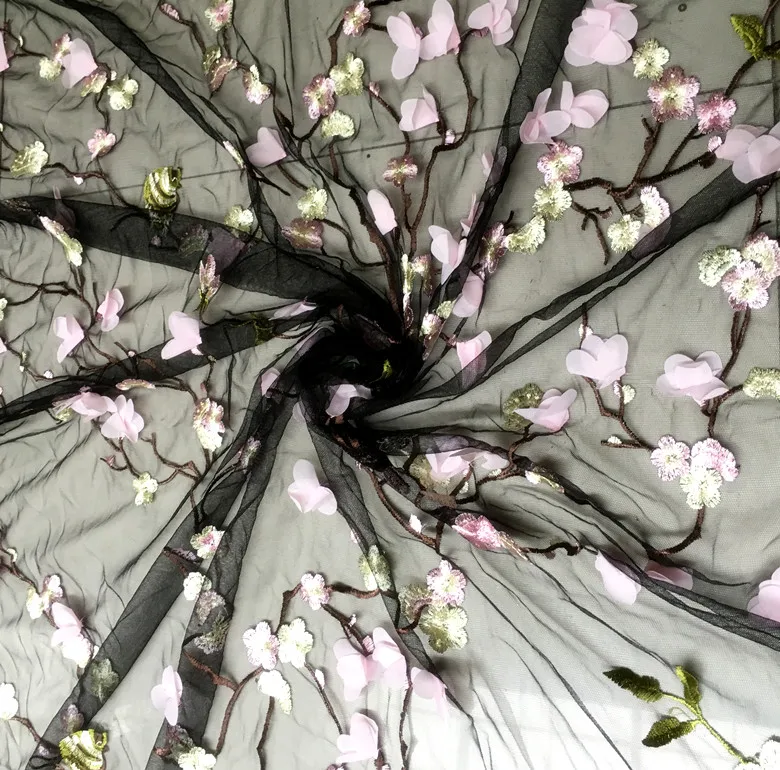Red 3D chiffon flower plum blossom bird embroidery mesh fabric gift clothing fabric