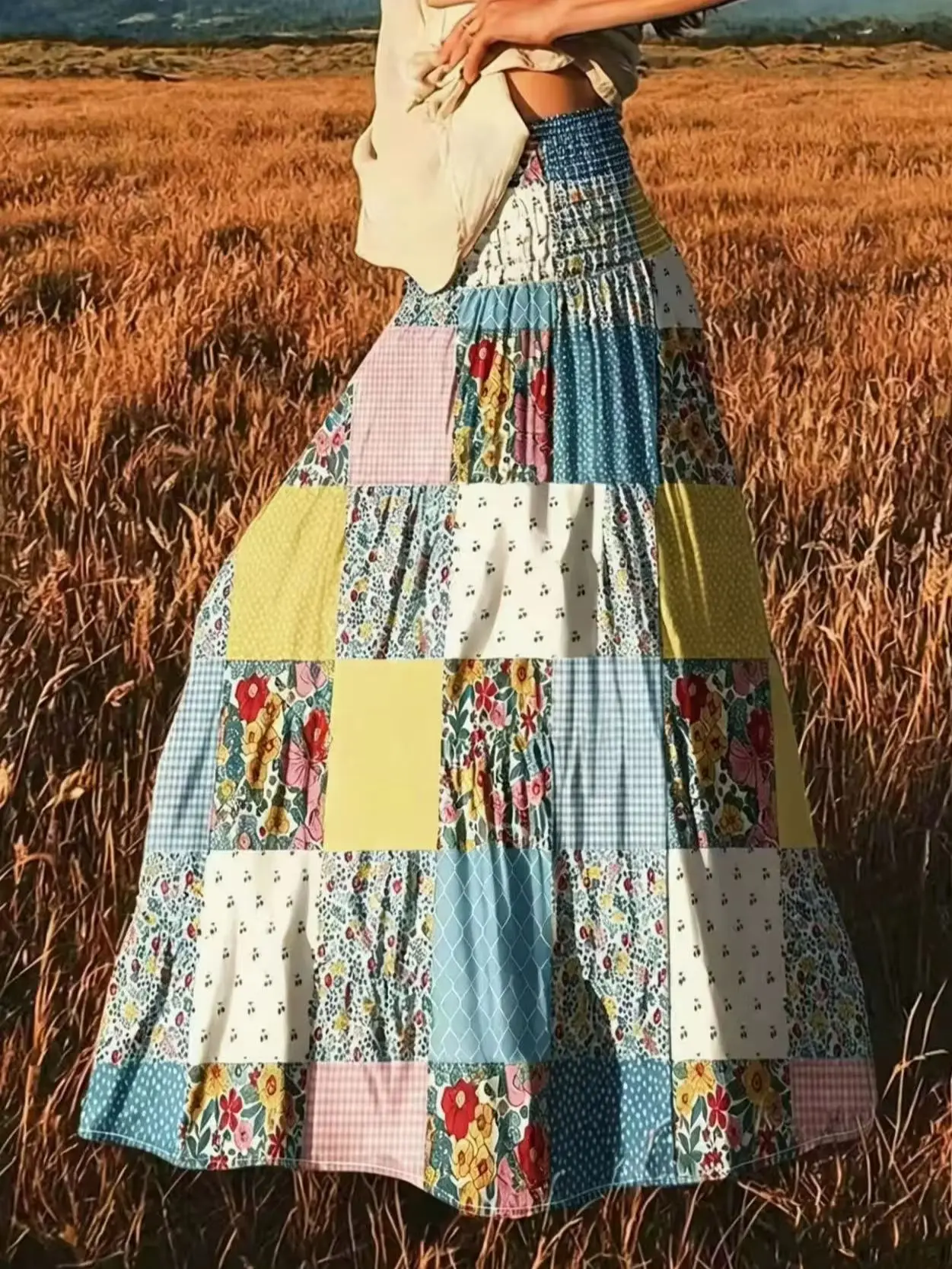 Women Patchwork Floral Plaid Maxi Skirt Elastic Smocked High Waist Tiered Flowy Boho Long Skirt