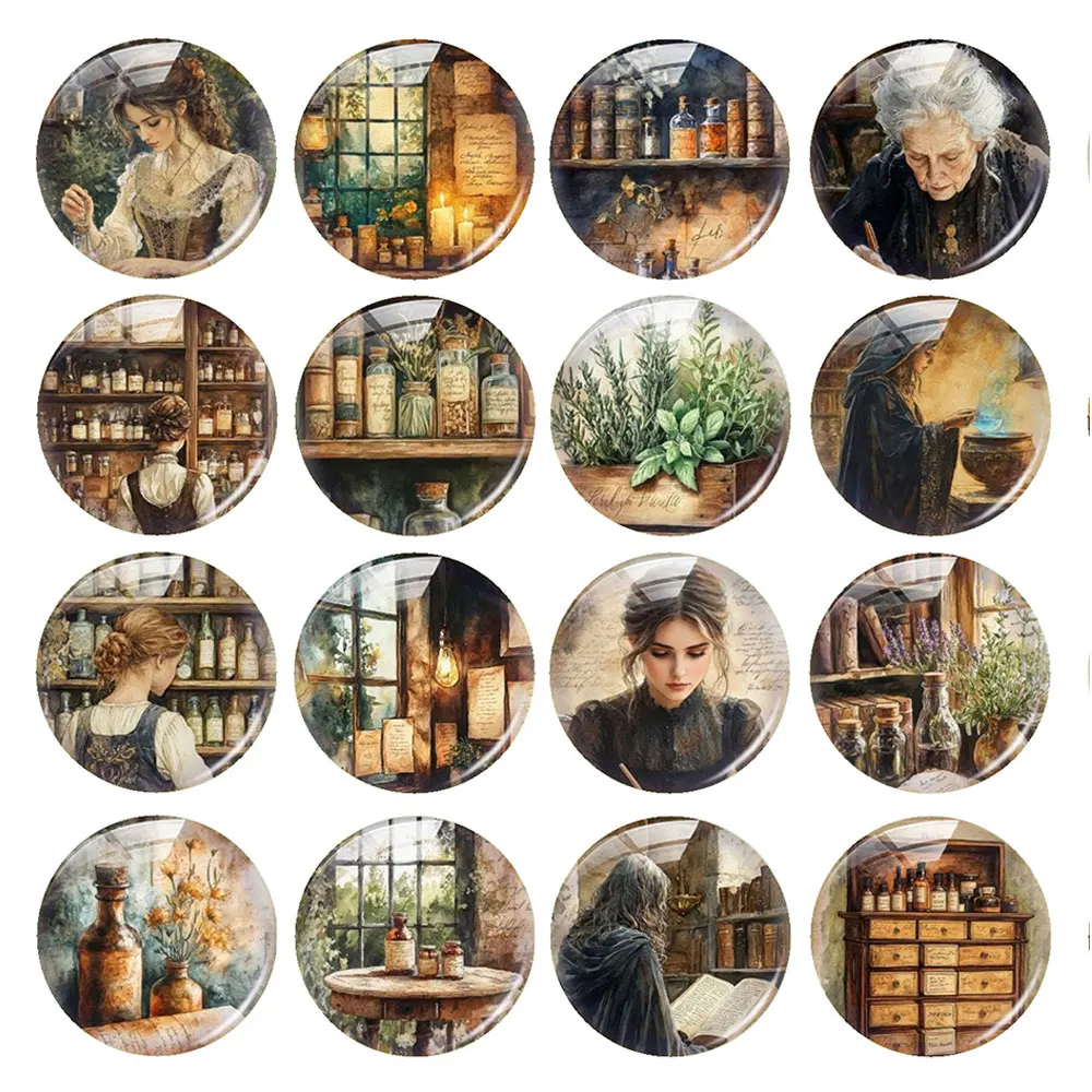 Random Mixed Round/Oval/Square Vintage Witch Apothecary  Potion Photo Glass Cabochon Flatback Demo Cameo For Diy Jewelry Making