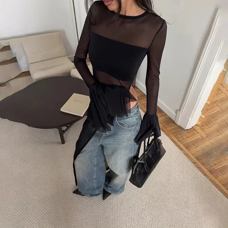 DSMTRC femmes voir à travers col rond pull taille haute Robes maille épissure manches évasées robe irrégulière dame élégante mince Robes