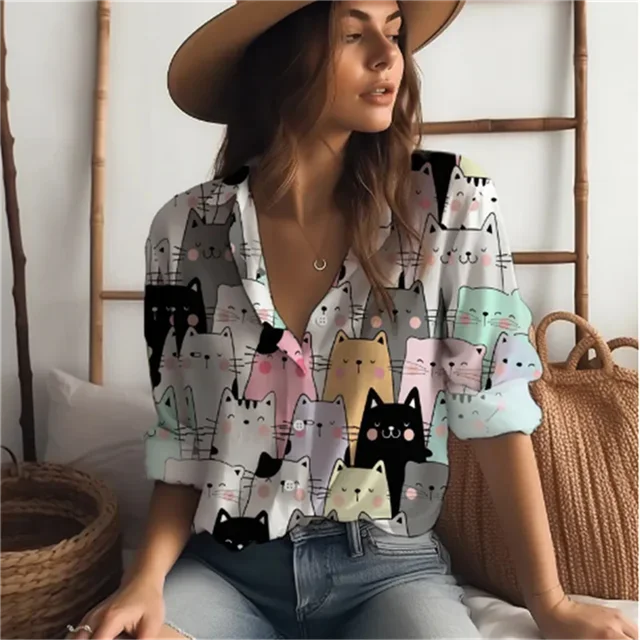 Sweet Cute Women's Shirt Casual Loose Comfortable Button Lapel Fashion Shirt Cartoon Cat Print Long Sleeve Womens Blouses Spring