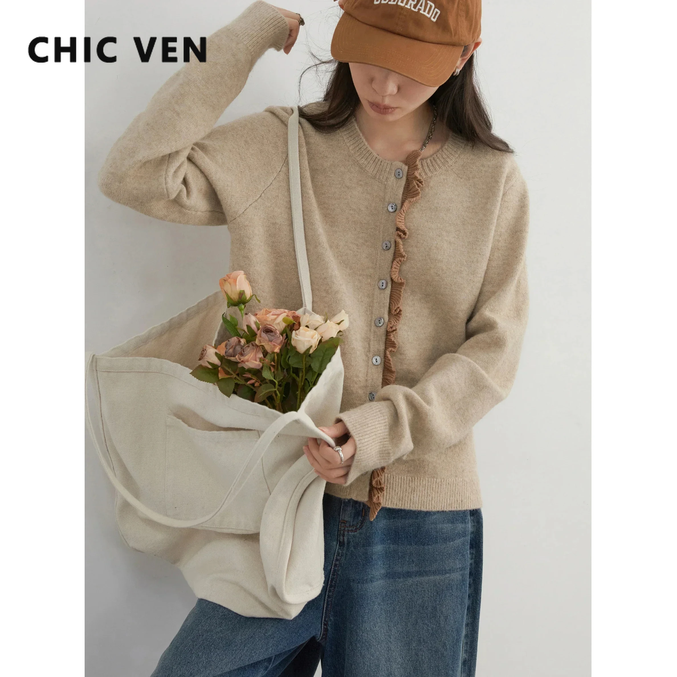 

CHIC VEN New Women Sweaters O Neck Contrast Color Patchwork Lace Knitted Cardigan Woman Clothing Female Top Autumn Winter 2025