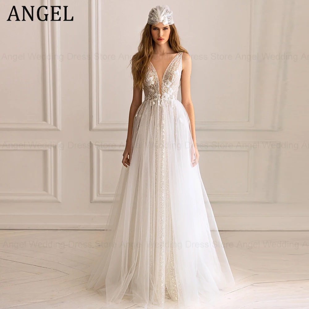 ANJO-Boho Vestidos de casamento para mulheres, decote em v, apliques beading, vestido de noiva, personalizado, sem costas, luxo, 2024