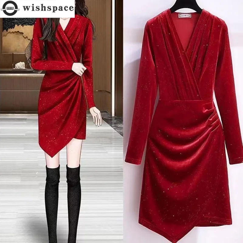 

2023 Spring Starry Sky Polka Dot Pleated Korean Velvet Mini Dress Elegant Women Party Dresses Slim Short Robe Evening Red Dress