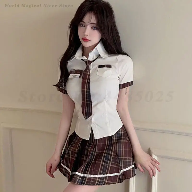 

Sexy Slim JK Uniform College Style Clothing Women's Short Sleeved Shirt Pleated Skirt Suit Vintage Plaid Printed Streetwear