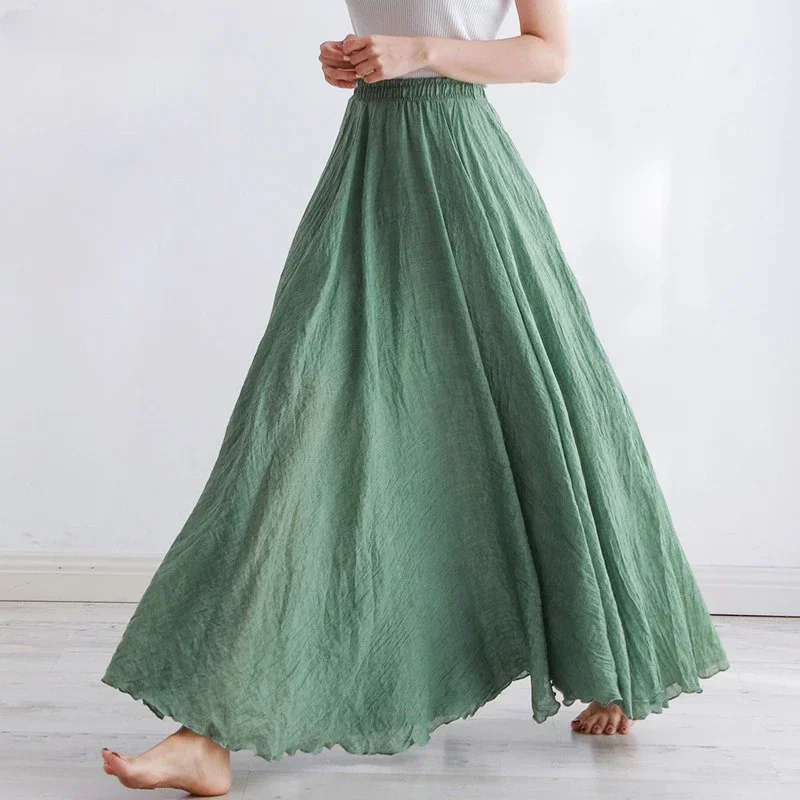 High Quality Cotton Linen Maxi Skirt Womens Casual Elastic High Waist Pleated A-Line Beach Skirts Boho Saia Feminina Faldas Jupe