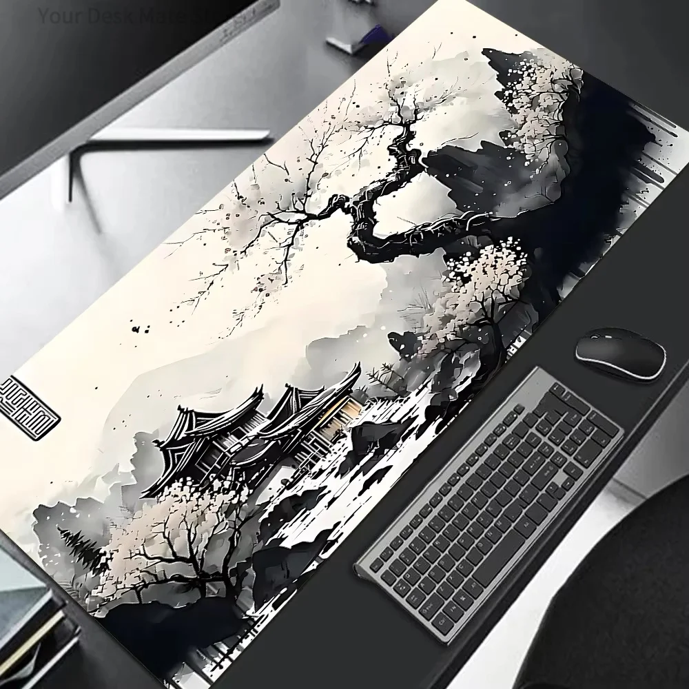 Chinese Ink Wash Landscape Large Gaming Mouse Pad Moon Ancient Pavilion Oriental Art Extended Desk Mat
