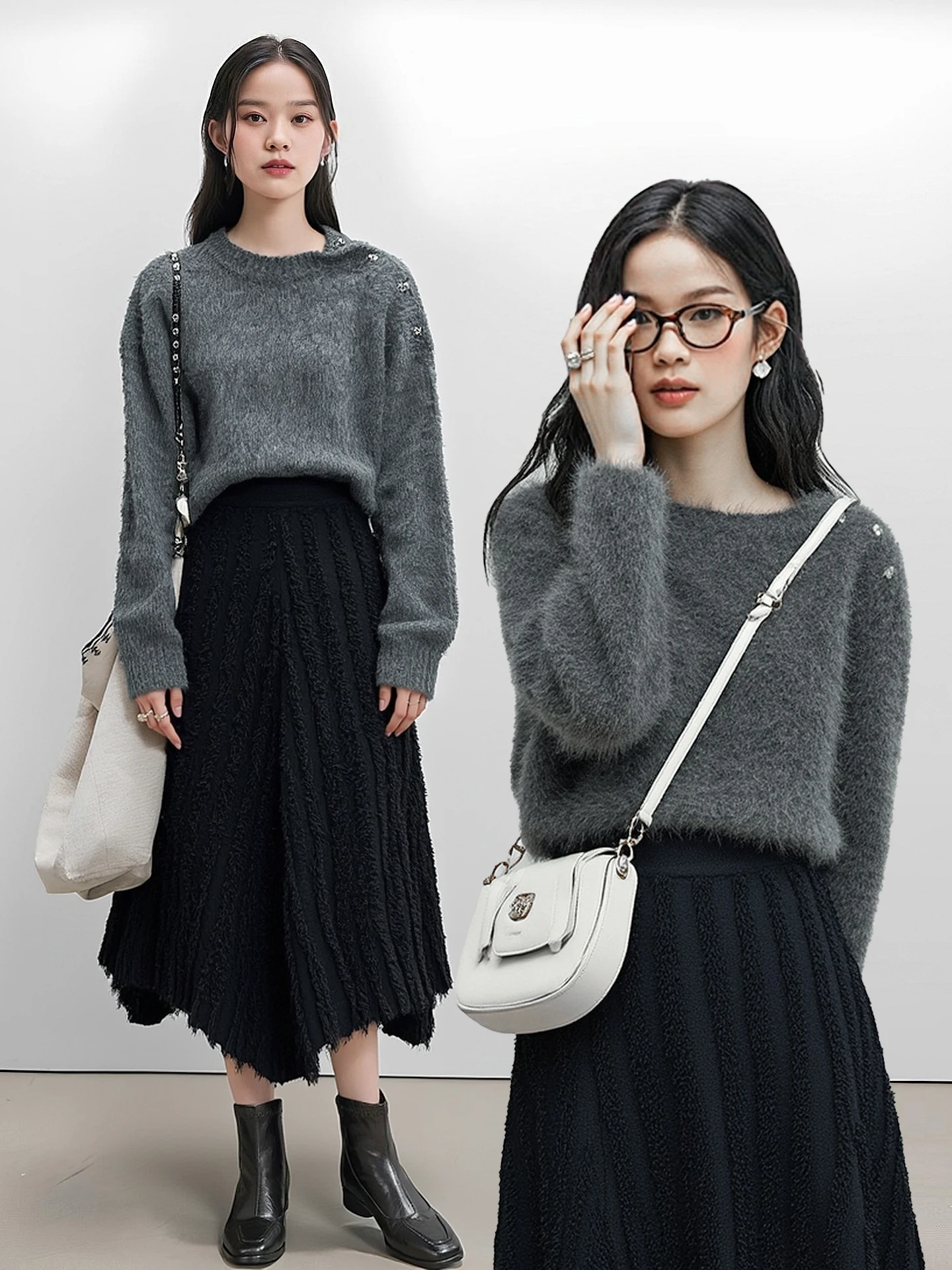 

CUUDICLAB Женский вязаный свитер с круглым вырезом и длинными рукавами, свободный пушистый топ из мягкого полиэстера для повседневной носки