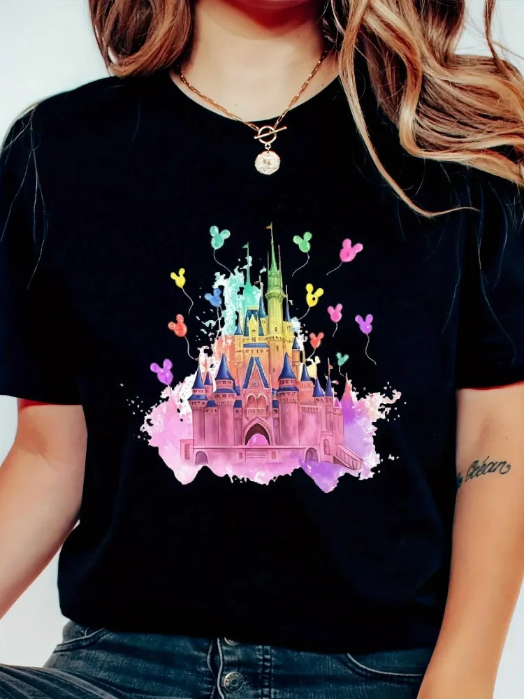 تي شيرت ديزني النسائي بنمط Y2K بتصميم قلعة وقلب للربيع والصيف والخريف، قميص كاجوال مريح من القماش مقاس كبير #2
