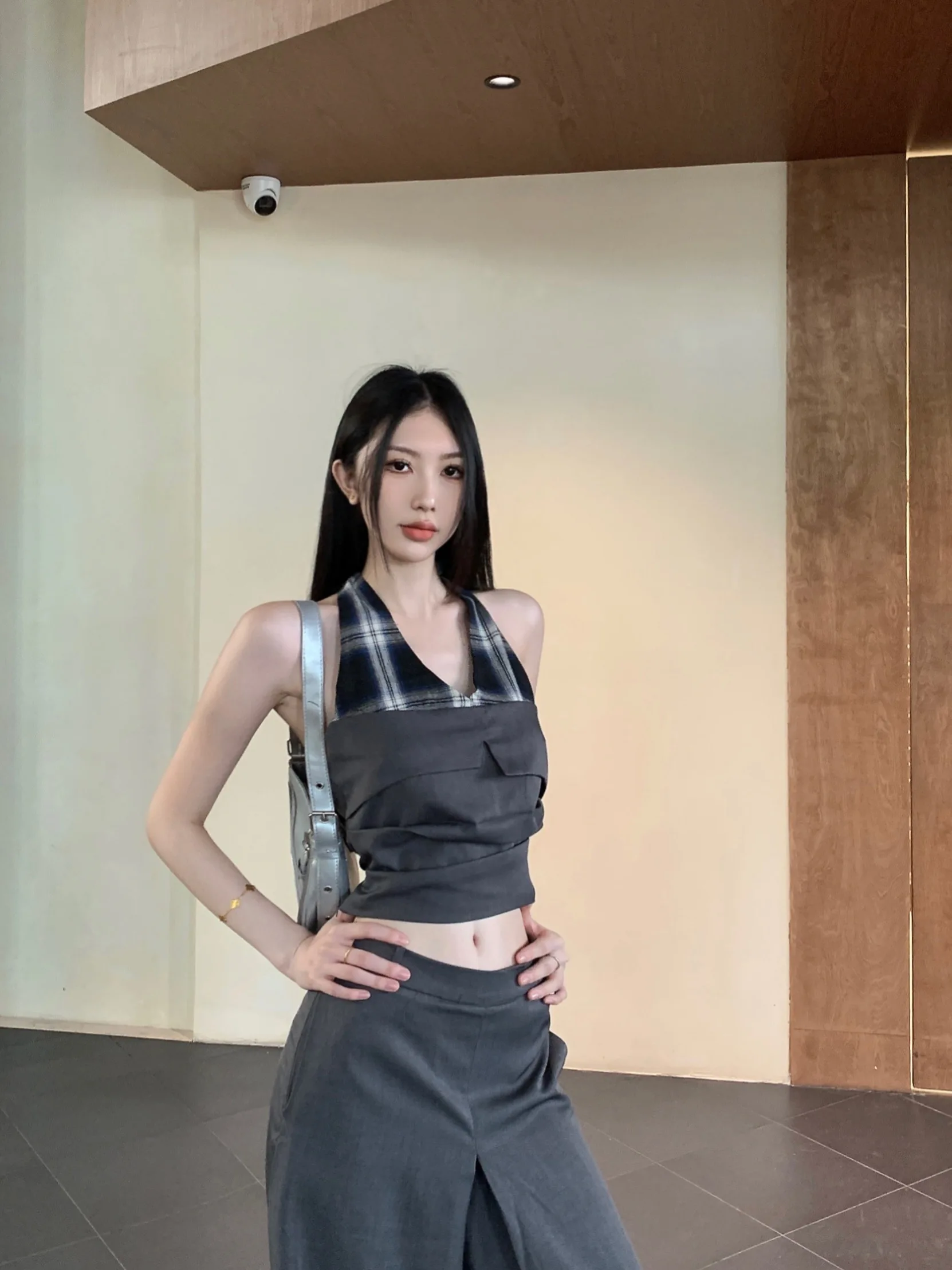 Women Set Plaid Patchwork Short Hanging Neck Vest Fashion Set Women's Summer Casual High Waist Wide Leg Pants Gray Two-piece Set