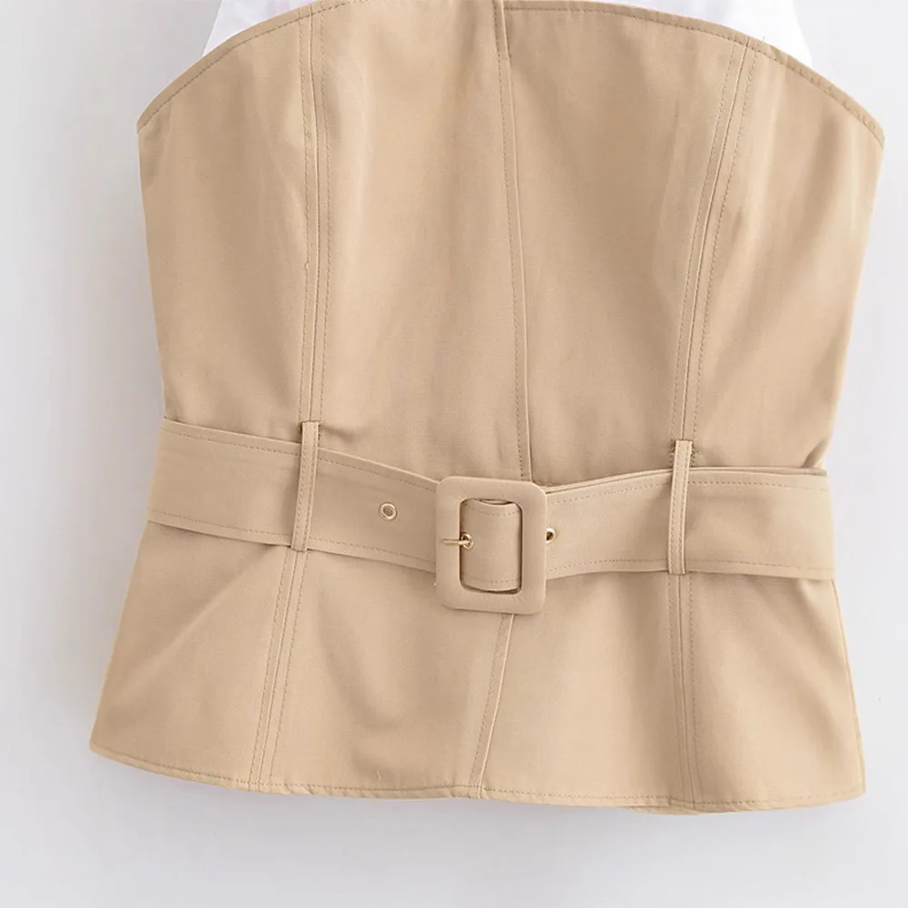 Dames contrasterende haltertop met riem Lentemode V-hals damesvest met zijrits Mouwloze vrouwelijke tanktops