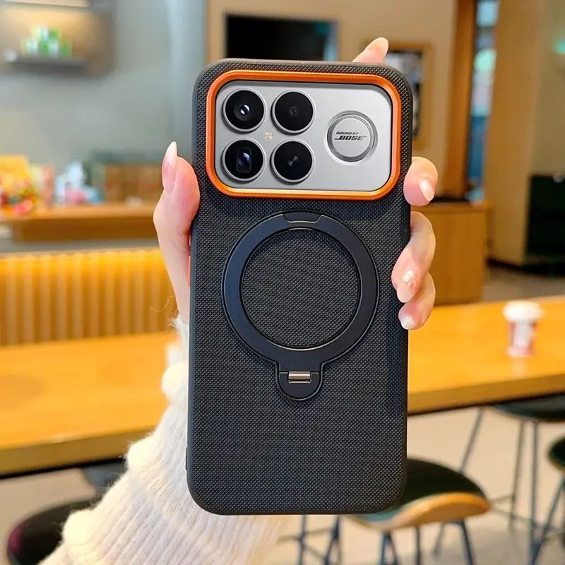 Funda Protectora Giratoria de Metal Premium para Poco F8 Ultra F8 Pro, Marco de Lente con Anillo Naranja, Cubierta de Cuero a Prueba de Golpes