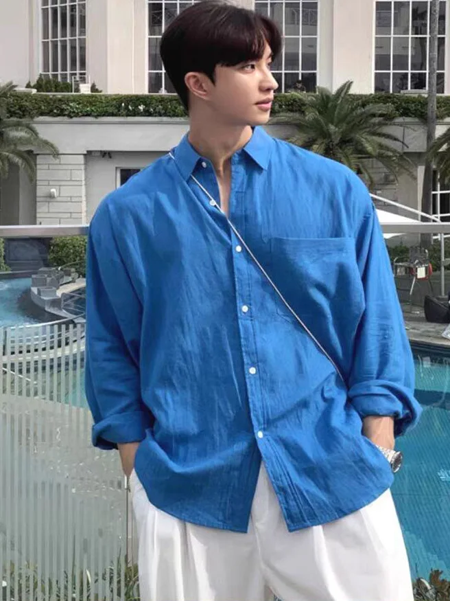 

Blue Linen Cotton Blend Shirt Men's Thin Breathable Loose Long Sleeve Sun Protection Open Cardigan Turn-down Collar Workwear ...