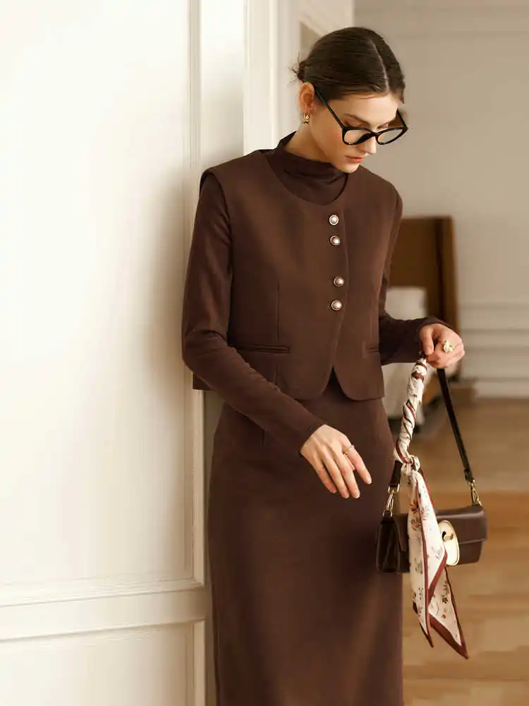 OLrain French Skirt Set 2025 Autumn Solid Turtleneck Top Asymmetric Placket Vest Straight Long Skirts Three-piece Set O56DE95363