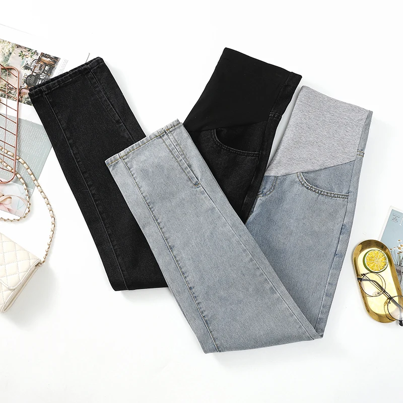 New Denim Maternity Women Straight Jeans Splits Loose Belly Pants Clothes for Pregnant Women Casual Pregnancy Trousers