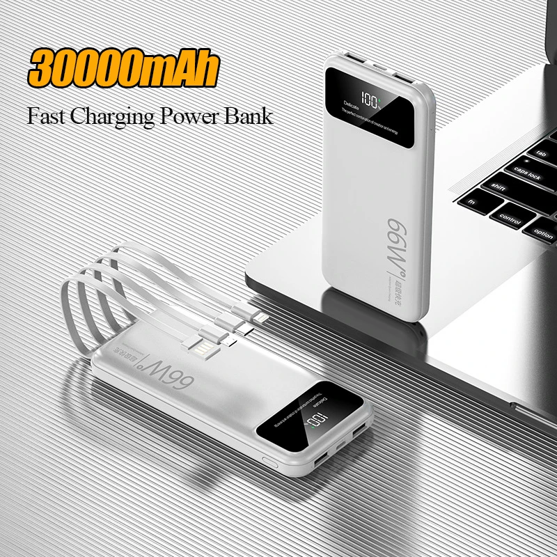 

30000mAh Power Bank With Cable 66W Fast Charging Portable PD20W Powerbank External Battery Pack For iPhone Xiaomi Mobile Phones