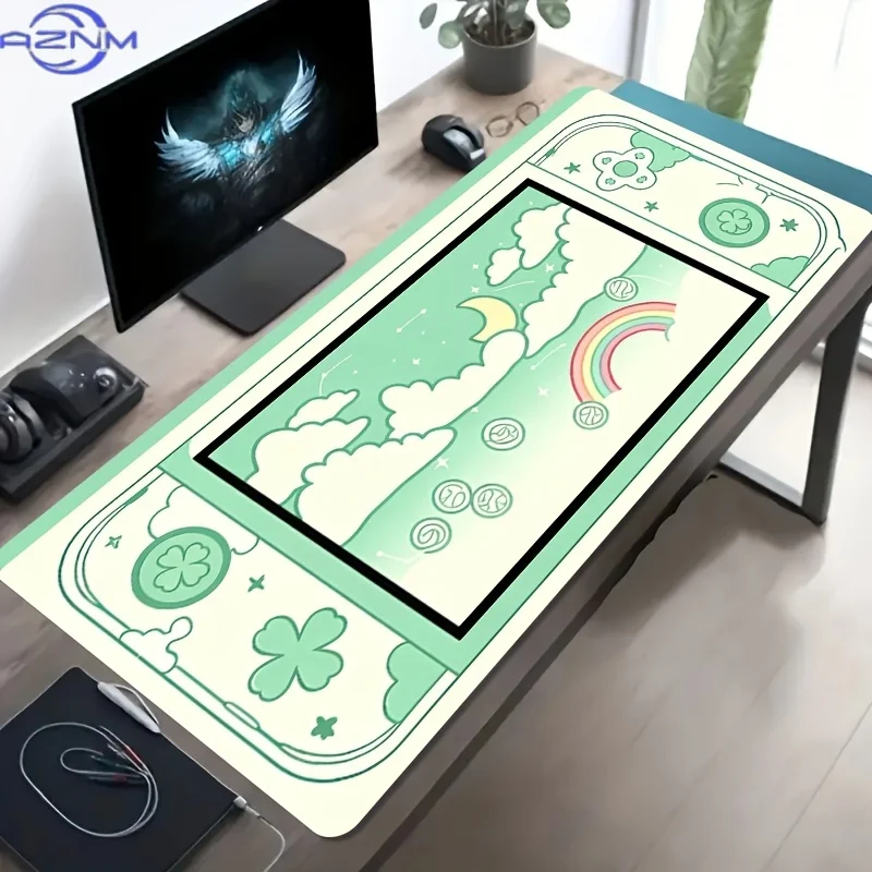 1pc Large Size Esports Gaming Mouse Pad, Light Green Handheld Console Frame Cloud Rainbow Four-Leaf Clover Cartoon Drawing, Non-