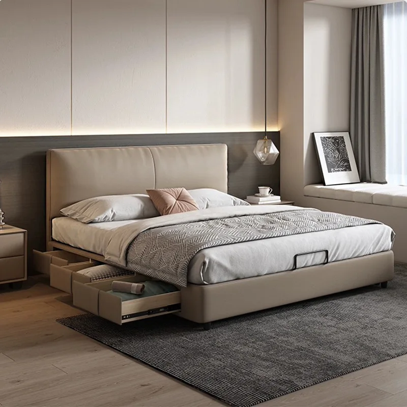 

Leather bed, modern simple down master bed, storage, high box Italian minimalism