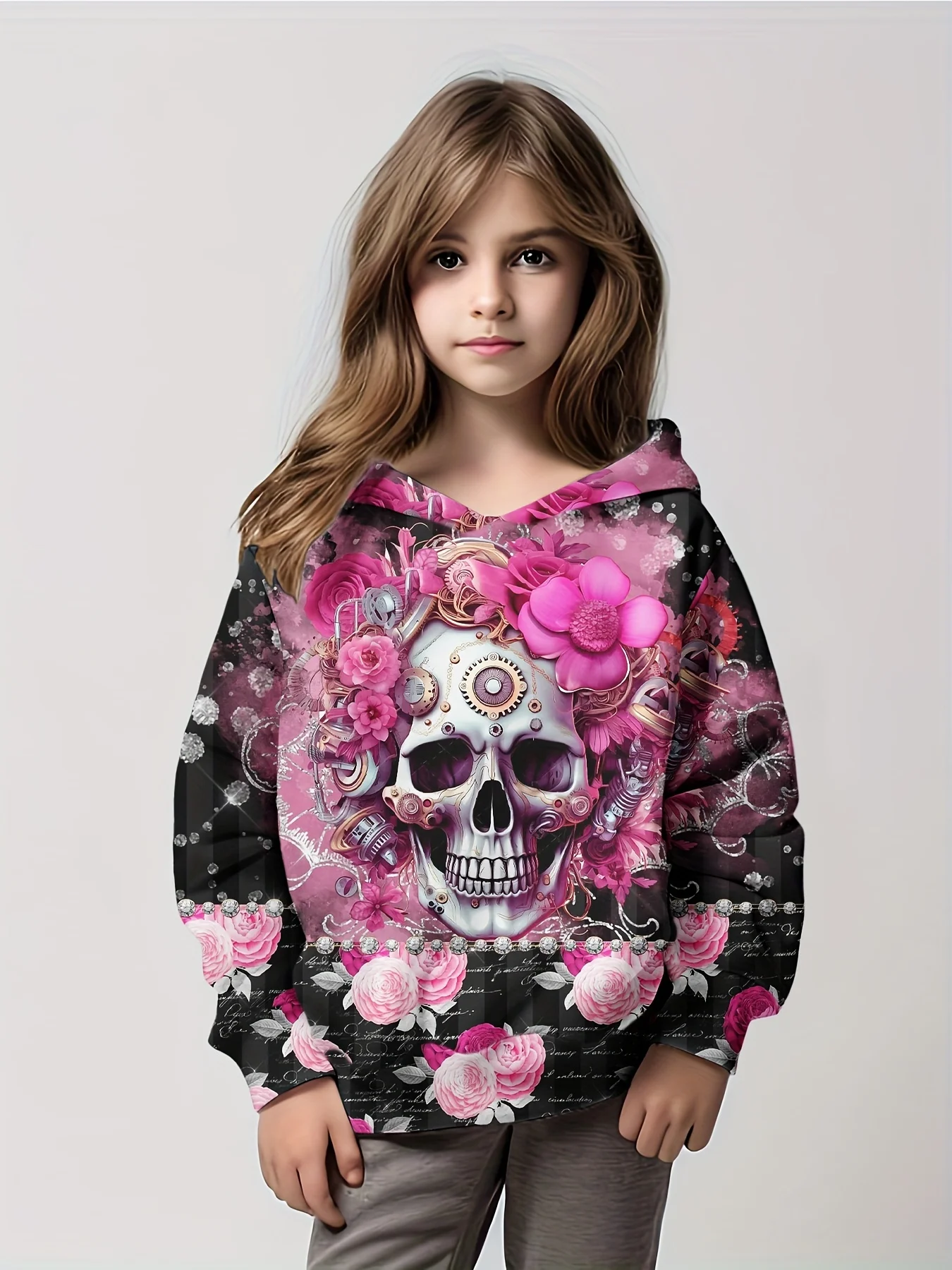 Hoodies Gorgeous Skull 3D Print Girls Pullover Sweatshirt Comfortable Fit Halloween Party Long Sleeve Children Clothes Girl Tops