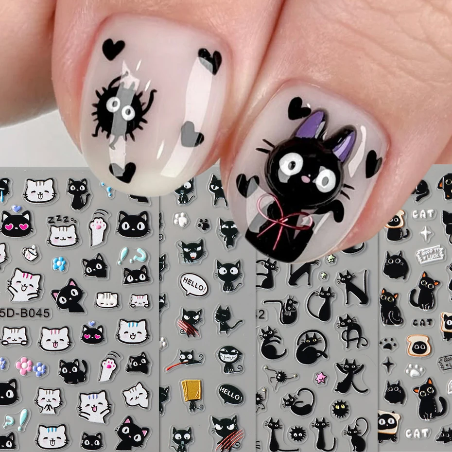 Black Cat Nail Stickers Self-Adhesive Halloween Cartoon Animal Decals Plastic Unscented DIY Nail Supplies Single Use for Women