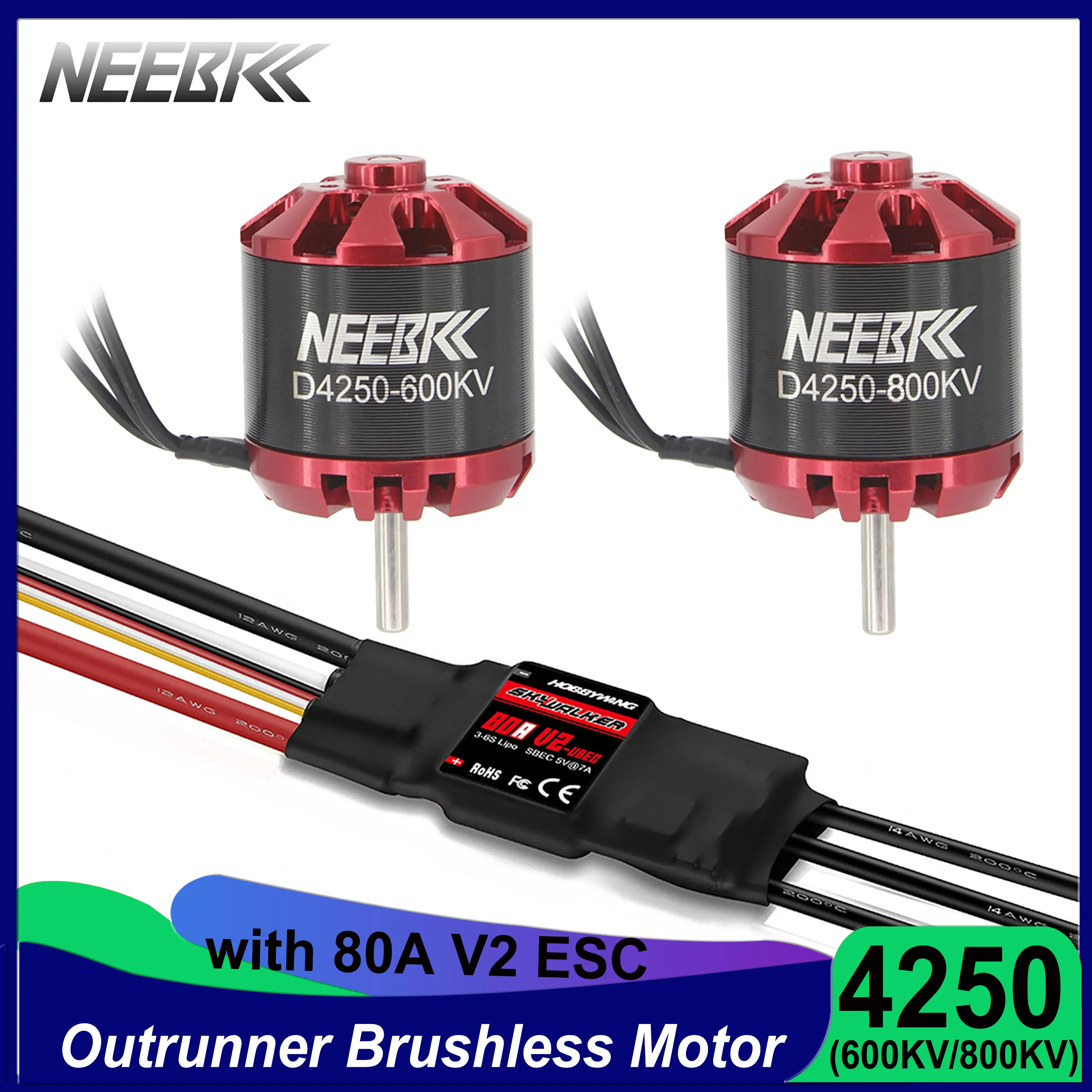 

NEEBRC 4250 RC Outrunner Brushless Motor 600KV 800KV 3-7S with 80A V2 ESC Speed Controller for FPV Fix-Wing Drone Multicopter