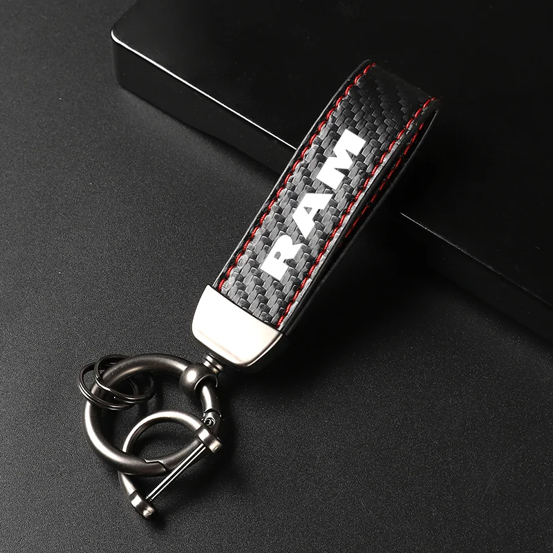 Car Carbon Fiber Leather Keychain Horseshoe Buckle Jewelry for Dodge RAM SRT 1500 2500 3500 Leather Keychain Car Accessories