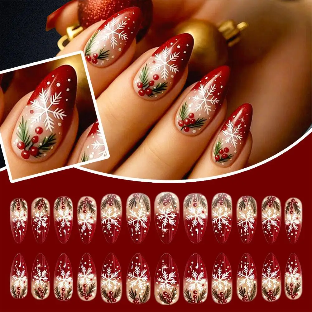 Uñas postizas con punta francesa navideña, almendra, Navidad, punto rojo francés, copo de nieve, baya en relieve, uñas postizas extraíbles, uñas con purpurina