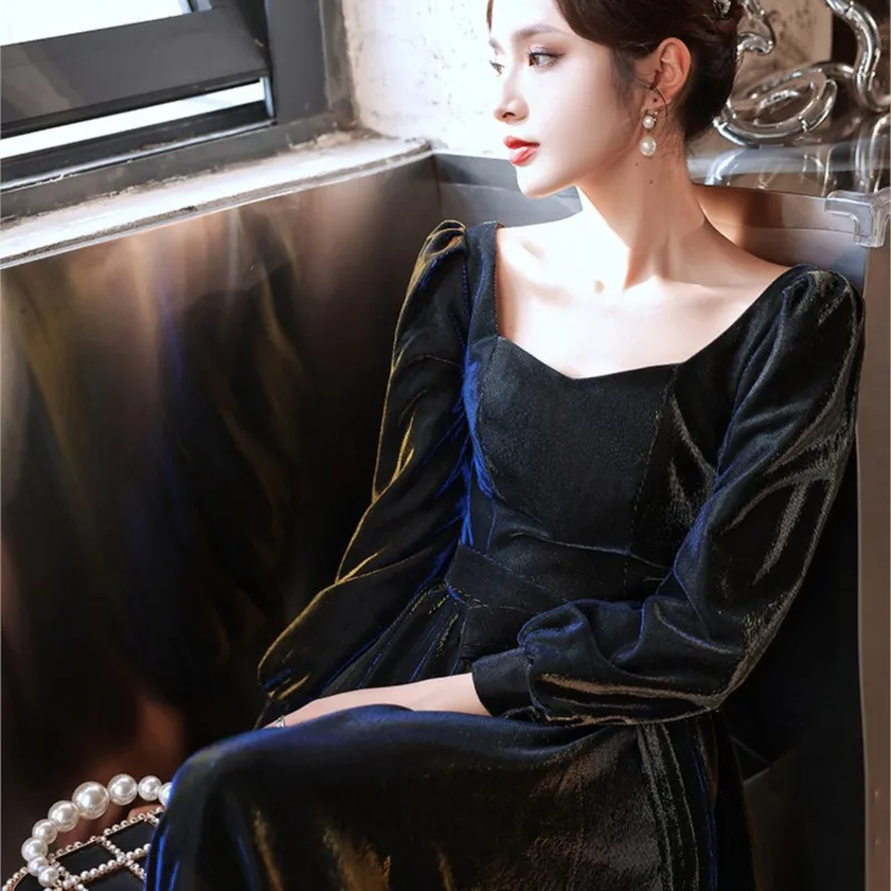 Long-sleeved female light luxury niche sense bel Canto art test performance host dress