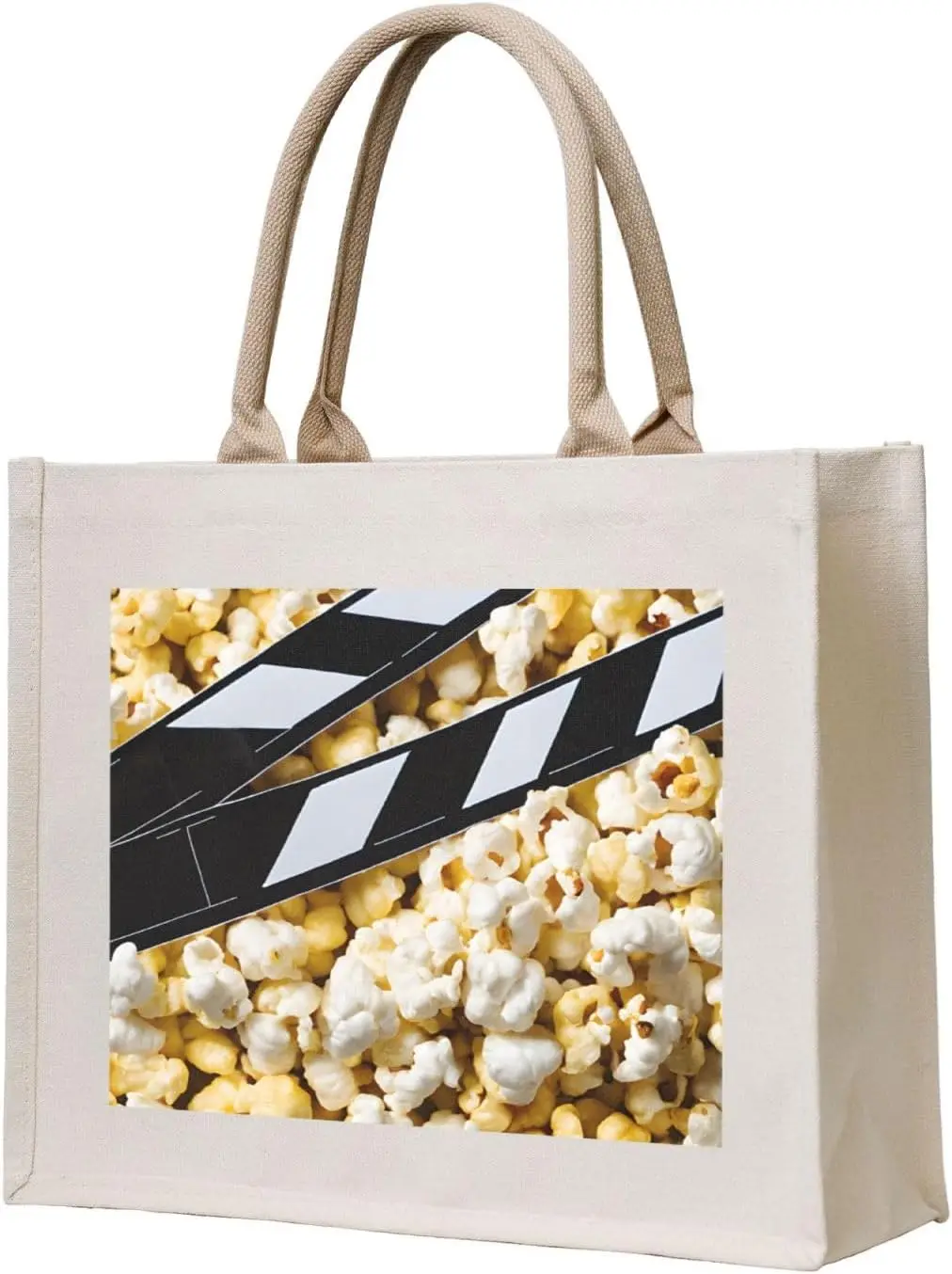 

(Cinema Movie Clapboard And Popcorn) Canvas Tote Bag Beach Travel Shoulder Bag Gifts Shoulder Tote