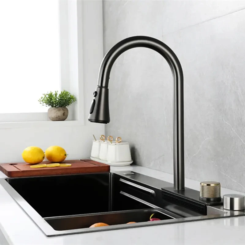 Popular Metal Gun Gray 304 Stainless Steel Handmade Kitchen Sink Sets with Flying Rainfall Waterfall Faucet