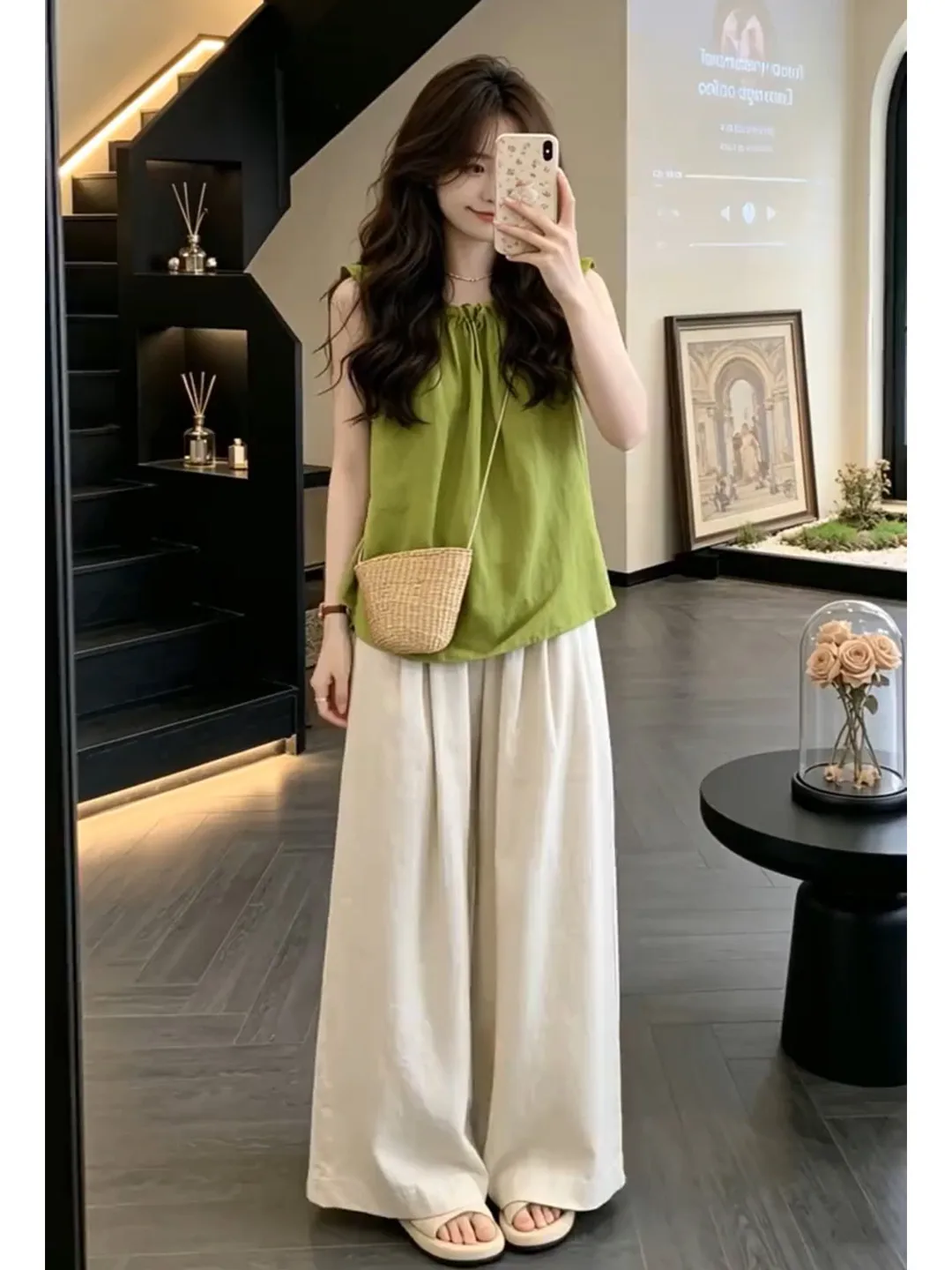 

Korean Style Green Vest Top And Wide Leg Pants Women's Summer Outfit Two Piece Set Sweet Style High Waist Trousers