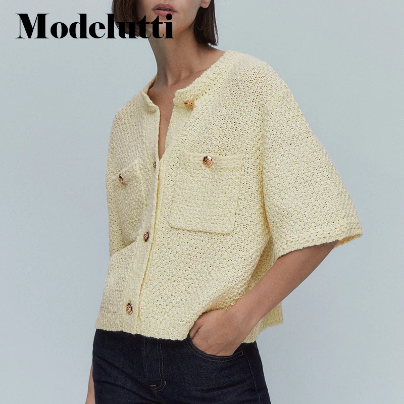 Autumn 2023 New Fashionable Women Short Sleeve Knitted Sweater Coat Pockets Solid Wild Simple Casual Tops Female Chic