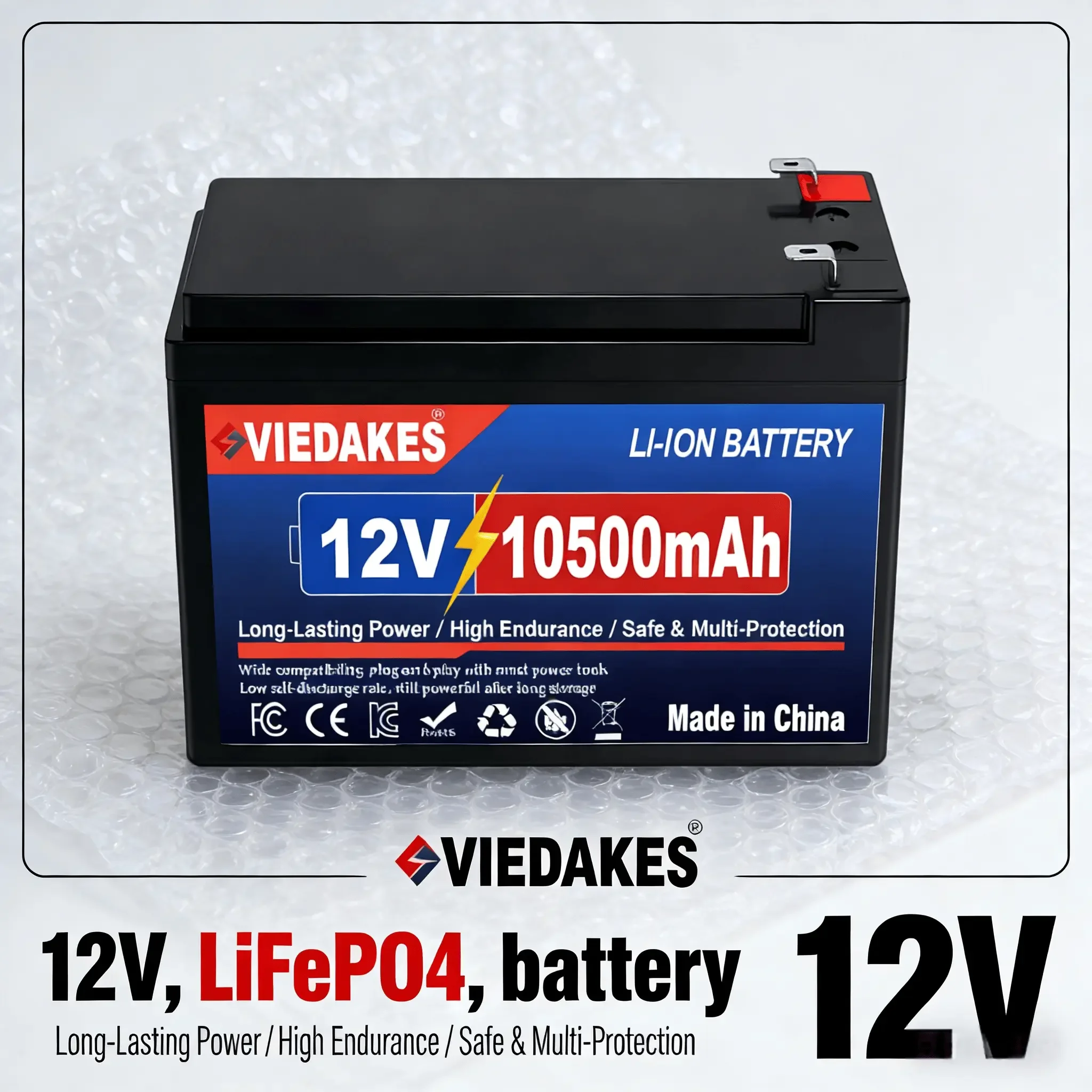 

VIEDAKES 12V LiFePO4 Battery 3S7P 10.5Ah 100% Real Capacity with Charger for Security Light Emergency Power Supply
