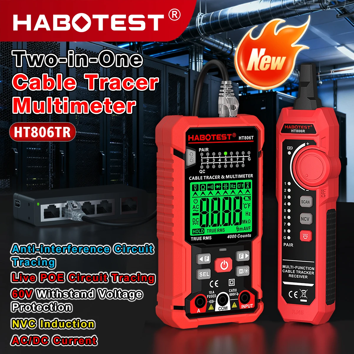HABOTEST HT806TR Network Cable Tester Digital Multimeter Lan Cable Tracking NCV Measure Sensitivity Adjustable Line Tracker