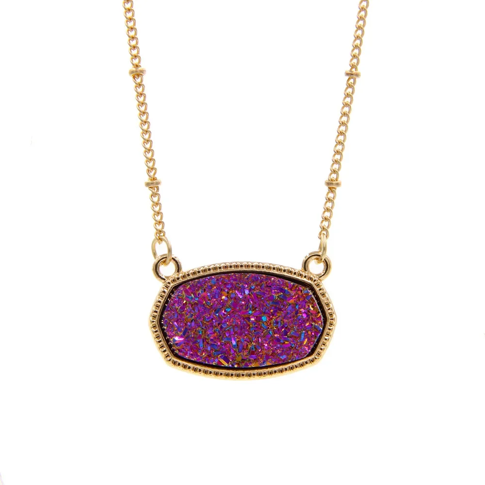 Resin Oval Druzy Pendant Necklace Gold Color Chain Drusy Hexagon Style Necklaces Luxury Designer Brand Fashion Jewelry for Women