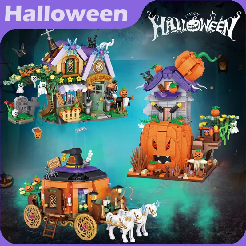 Creative Mini Halloween Pumpkin Carriage Ghost House Block Set Pumpkin Decorative House Bricks Children\'s Toy Gifts