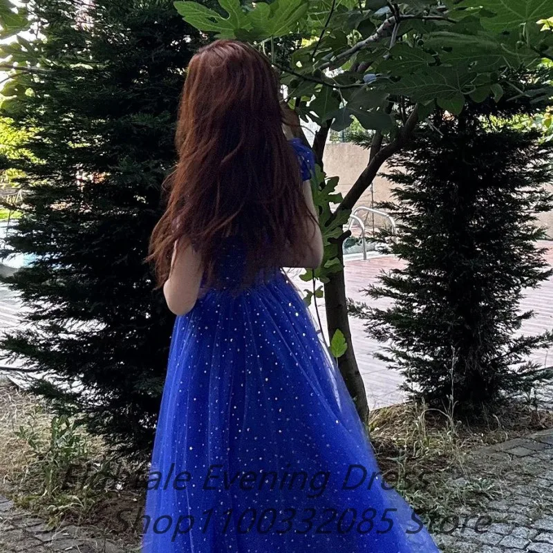 2025 Star Sequin Tulle A Line Long Beach Summer Prom Dress For Graduation Straps Sweetheart Neck Royal Blue Floor Length Evening