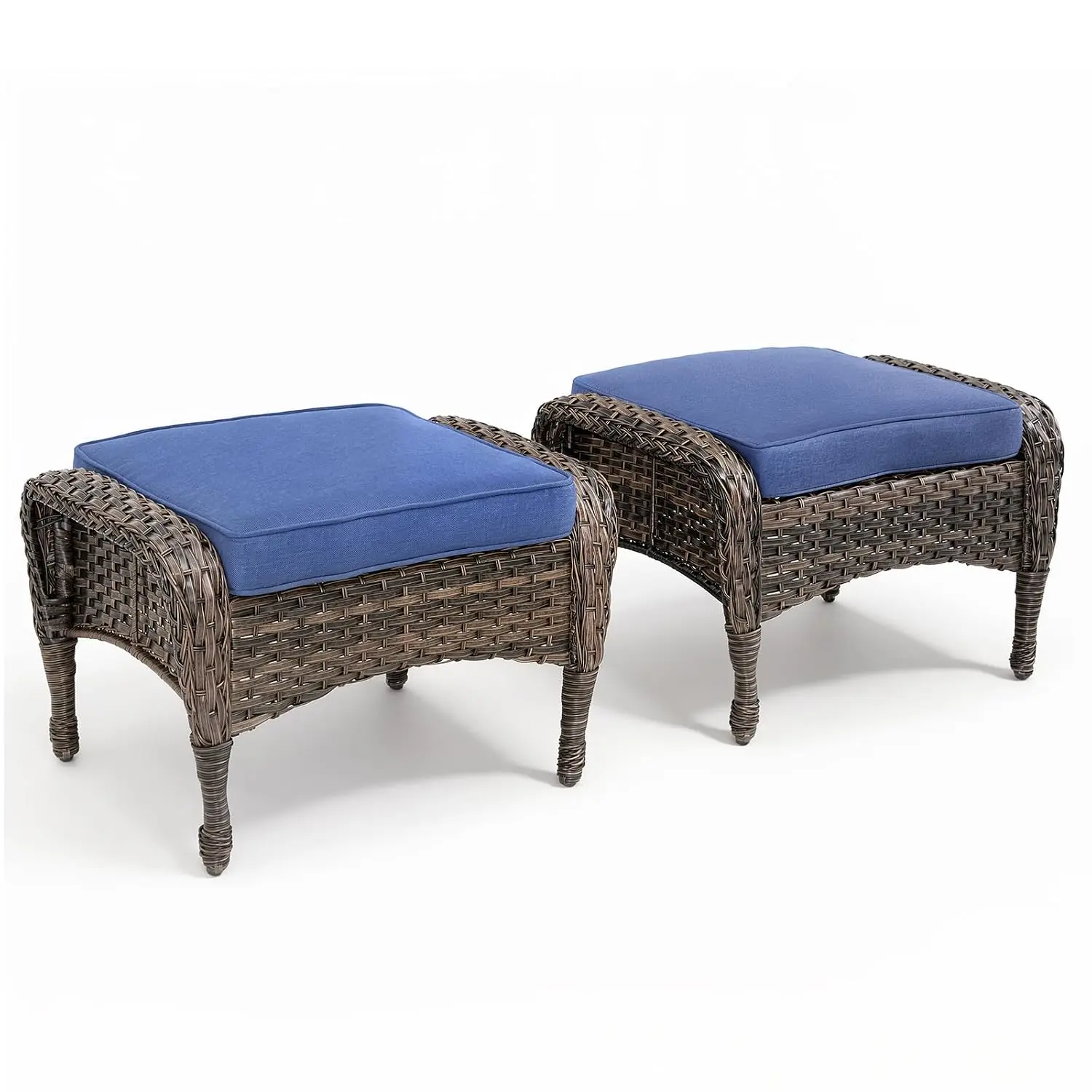 2pc Wicker Ottoman Set Thick Cushion All-Weather PE Rattan Footrest Stool Patio Seat Porch Deck Balcony Brown Blue, Customized
