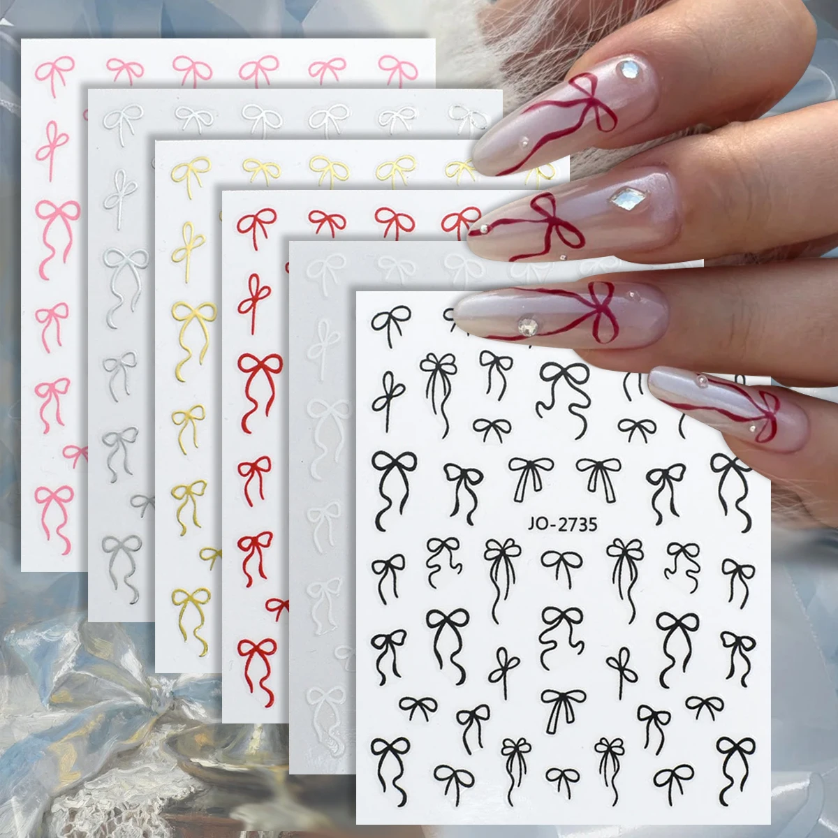 3 a 12 Hojas de Adhesivos para Uñas con Lazo Kawaii, Calcomanías Metálicas Autoadhesivas con Diseño de Lazo, Decoración de Uñas con Lazo para Manicura DIY