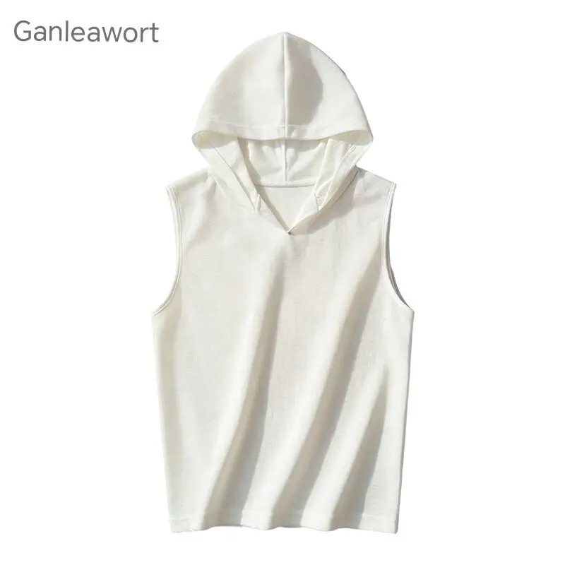

2026 Spring Summer New Sleeveless Hooded V-neck Vest Women's Precision Imitation Knitted Wool Elastic Loose Casual T-shirt Thins