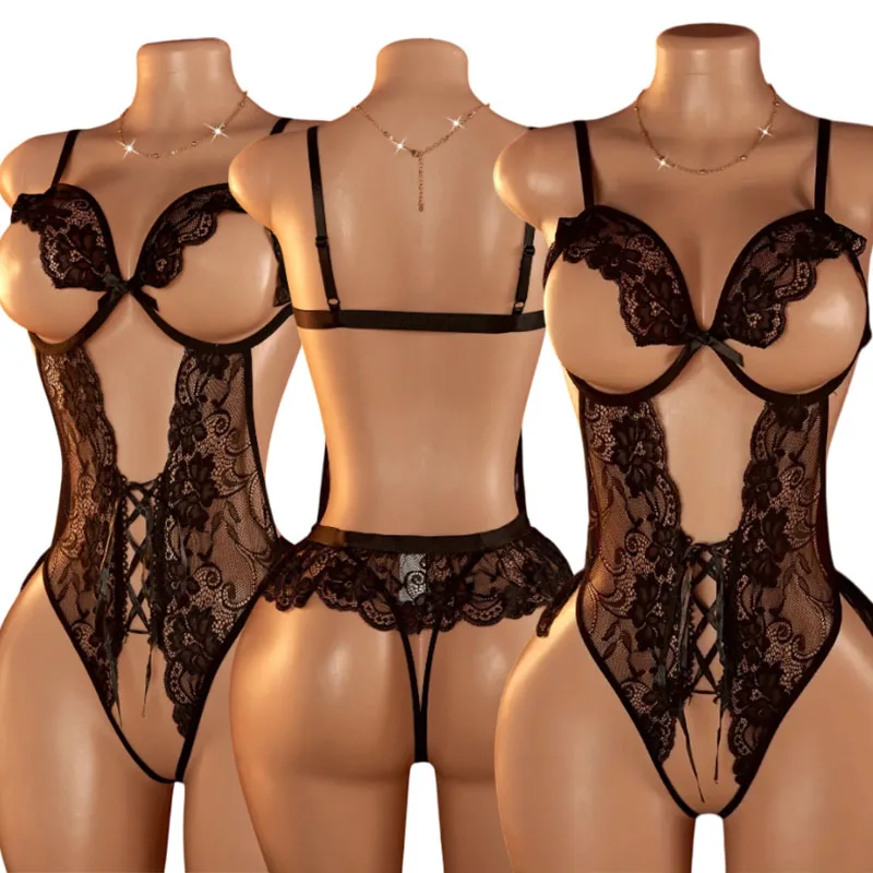 Crotchless Open Bra Lingerie Set Sexy Women Hollow Bra Sets Transparent Teddy Deep V Bodysuit Erotic Thin Hot Underwear Set