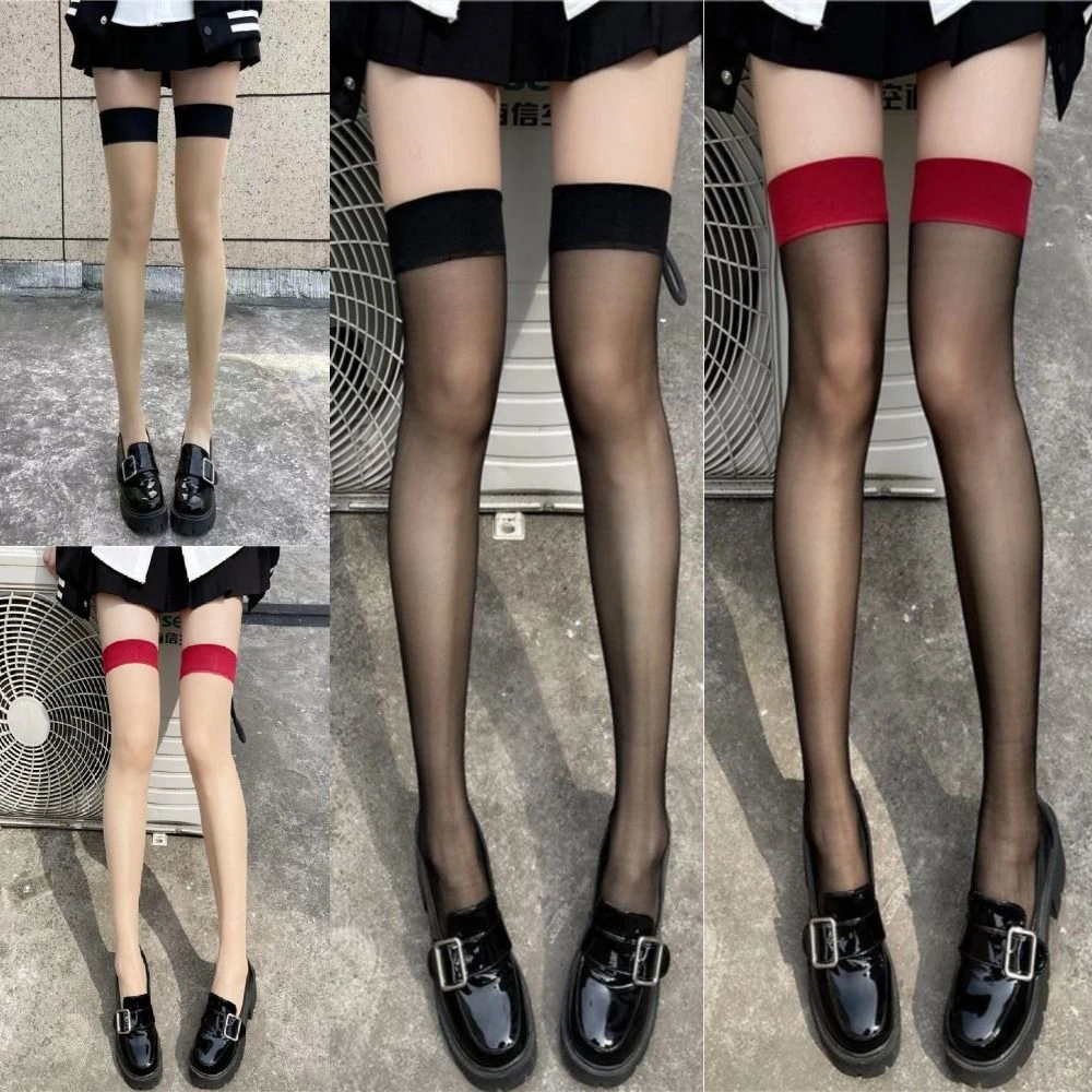 4Pairs Simple Transparent Above Knee High Socks Lolita JK Patchwork Thigh High Stockings Anti Slip Nylon Long Socks Girls