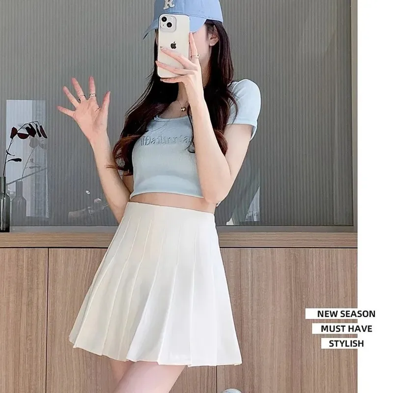 

Women's Summer Skirt Short Solid Color Skirts High Waist A Line Pleated Skirt Black White Khaki Mini Skirt Grey Stretch Fabric