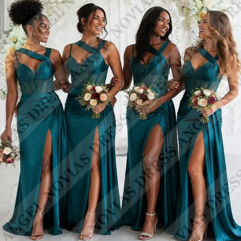 Angel Novias Customized Long Dark Green Bridesmaid Dresses with Split Wedding Party Dresses vestido madrinhas casamento