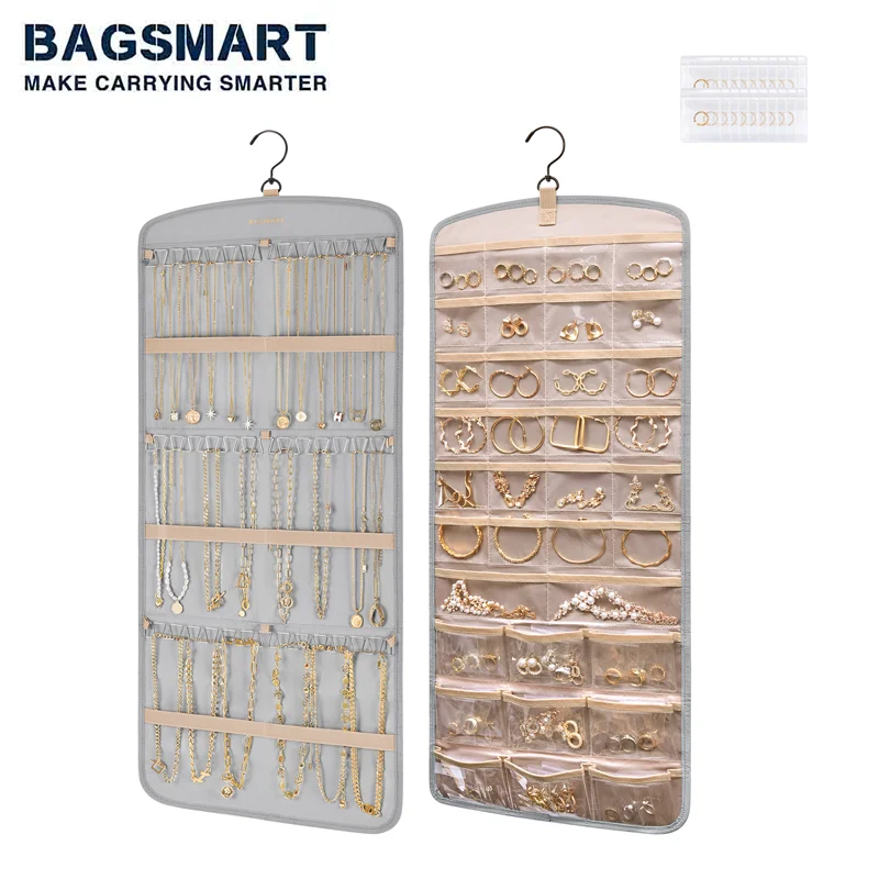 

BAGSMART Hanging Jewelry Organizer Storage Roll with Hanger Metal Hooks Double-Sided Jewelry Holder for Earrings Necklaces Rings