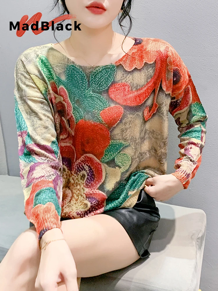 

MadBlack-женские европейские свитера, сексуальный цветочный принт с круглым вырезом, модный свободный трикотаж с длинными рукавами, новинка зимы 2025 года T5N965CC