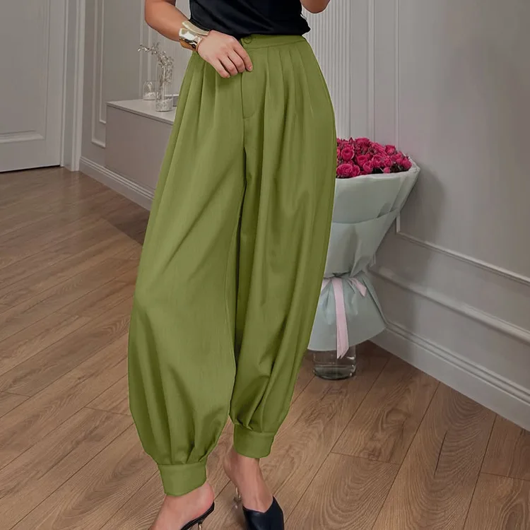 Casual Pants Women's Versatile High Waist Trousers Simple Design Pleated Loose Fit Long Pants Summer Collection Polyester Fiber